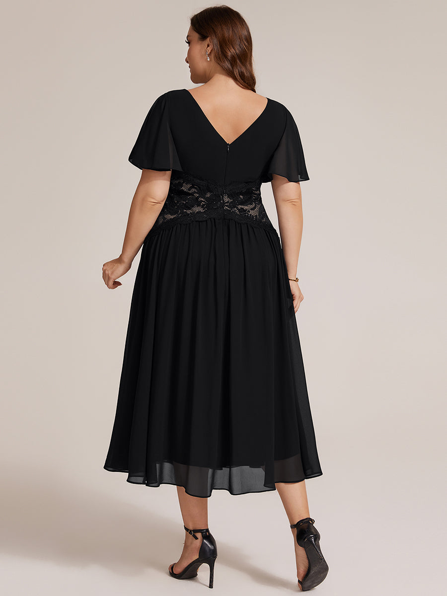 Midi Tee-Länge A-Linie Kleid Mit V-Ausschnitt Chiffon Stoff Und Rüschen Eleganter Stil Kleid #Farbe_Schwarz