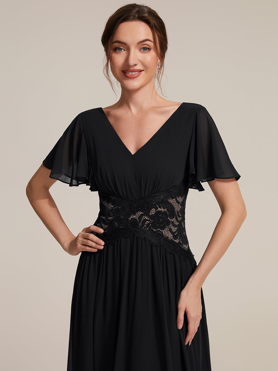 Midi Tee-Länge A-Linie Kleid Mit V-Ausschnitt Chiffon Stoff Und Rüschen Eleganter Stil Kleid #Farbe_Schwarz