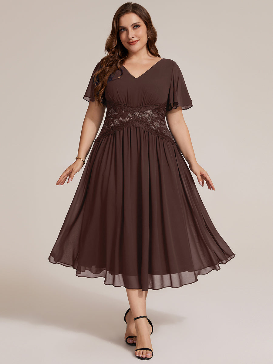 Midi Tee-Länge A-Linie Kleid Mit V-Ausschnitt Chiffon Stoff Und Rüschen Eleganter Stil Kleid #Farbe_Schokoladenbraun