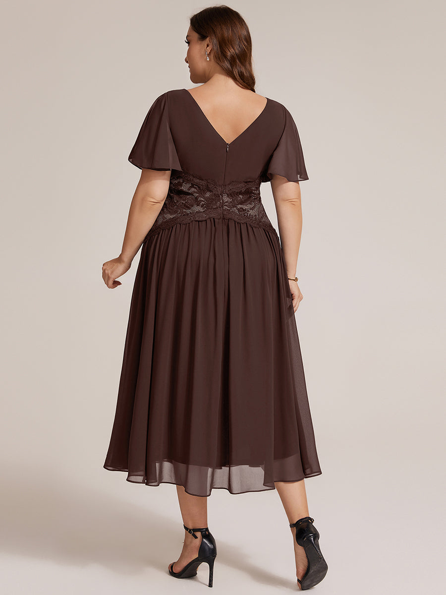 Midi Tee-Länge A-Linie Kleid Mit V-Ausschnitt Chiffon Stoff Und Rüschen Eleganter Stil Kleid #Farbe_Schokoladenbraun