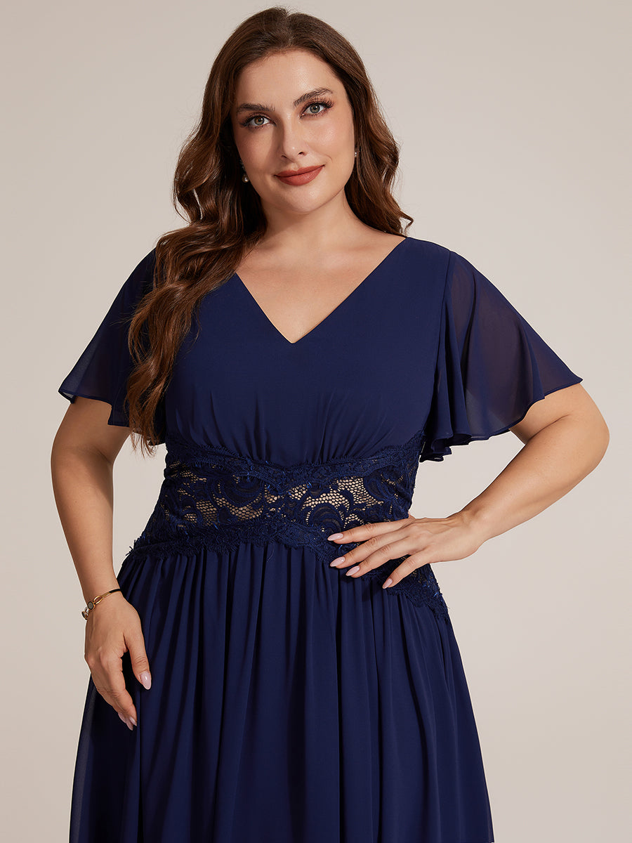 Midi Tee-Länge A-Linie Kleid Mit V-Ausschnitt Chiffon Stoff Und Rüschen Eleganter Stil Kleid #Farbe_Marineblau