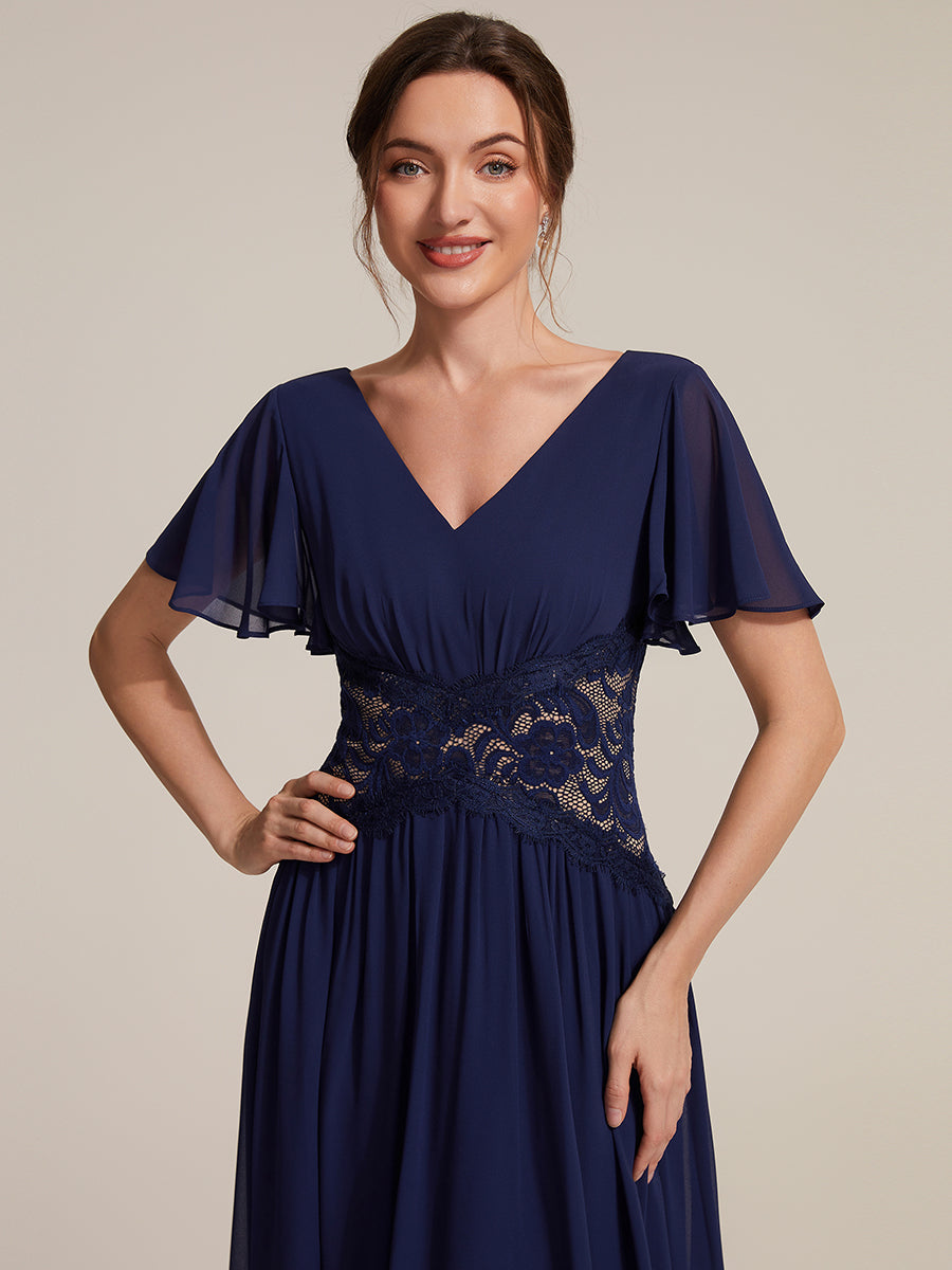 Midi Tee-Länge A-Linie Kleid Mit V-Ausschnitt Chiffon Stoff Und Rüschen Eleganter Stil Kleid #Farbe_Marineblau