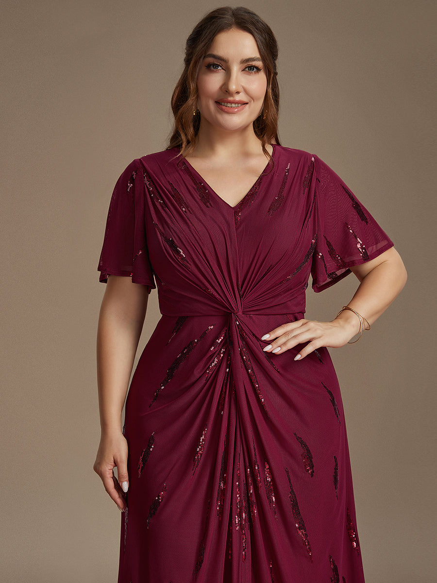 Tea Länge V Ausschnitt Etui Kleid Aus Tüll Mit Pailletten Und Schlitz Zum Binden Kleid #Farbe_Burgunderrot