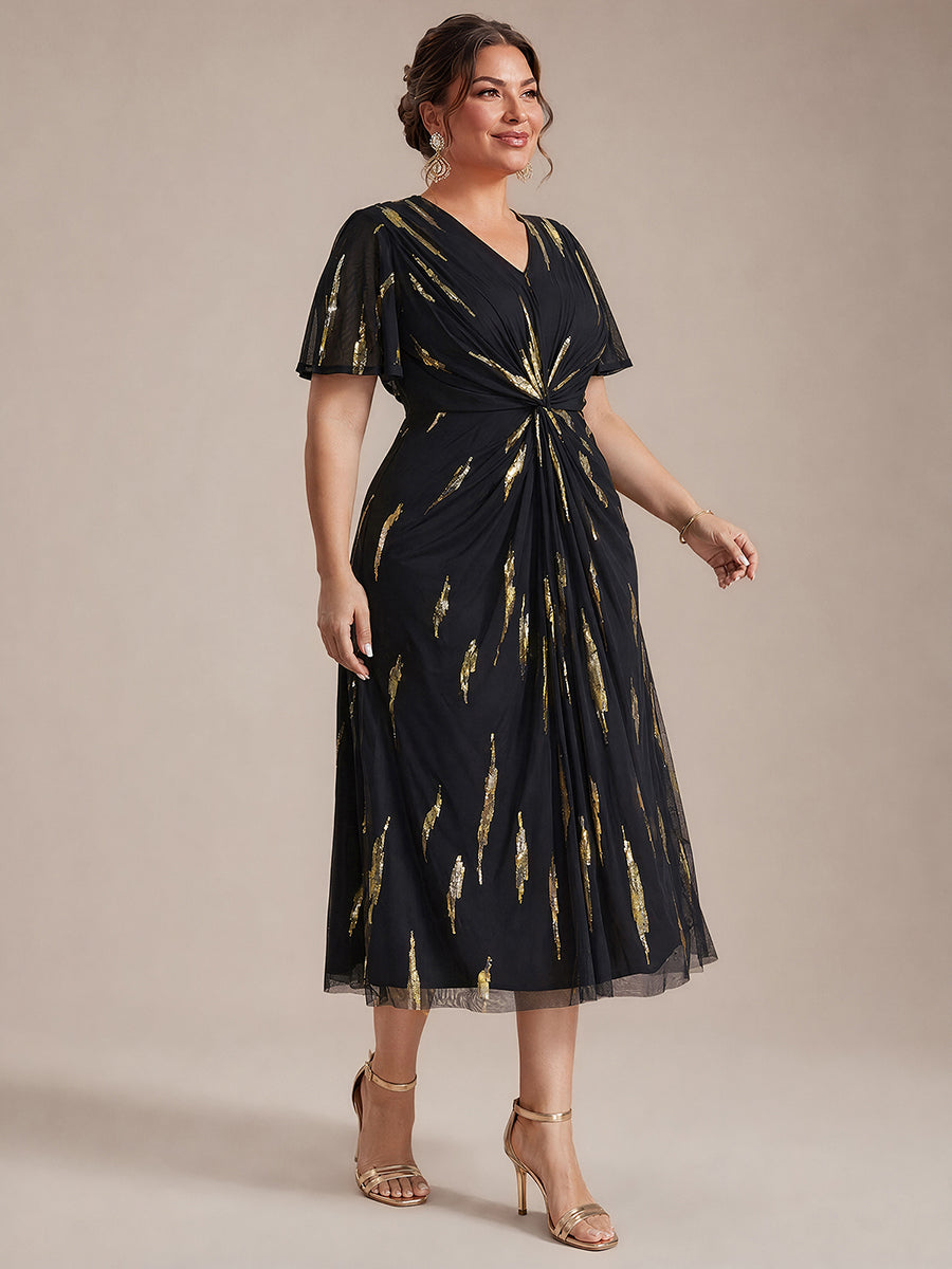 Tea Länge V Ausschnitt Etui Kleid Aus Tüll Mit Pailletten Und Schlitz Zum Binden Kleid #Farbe_Schwarz / Metallisches Gold