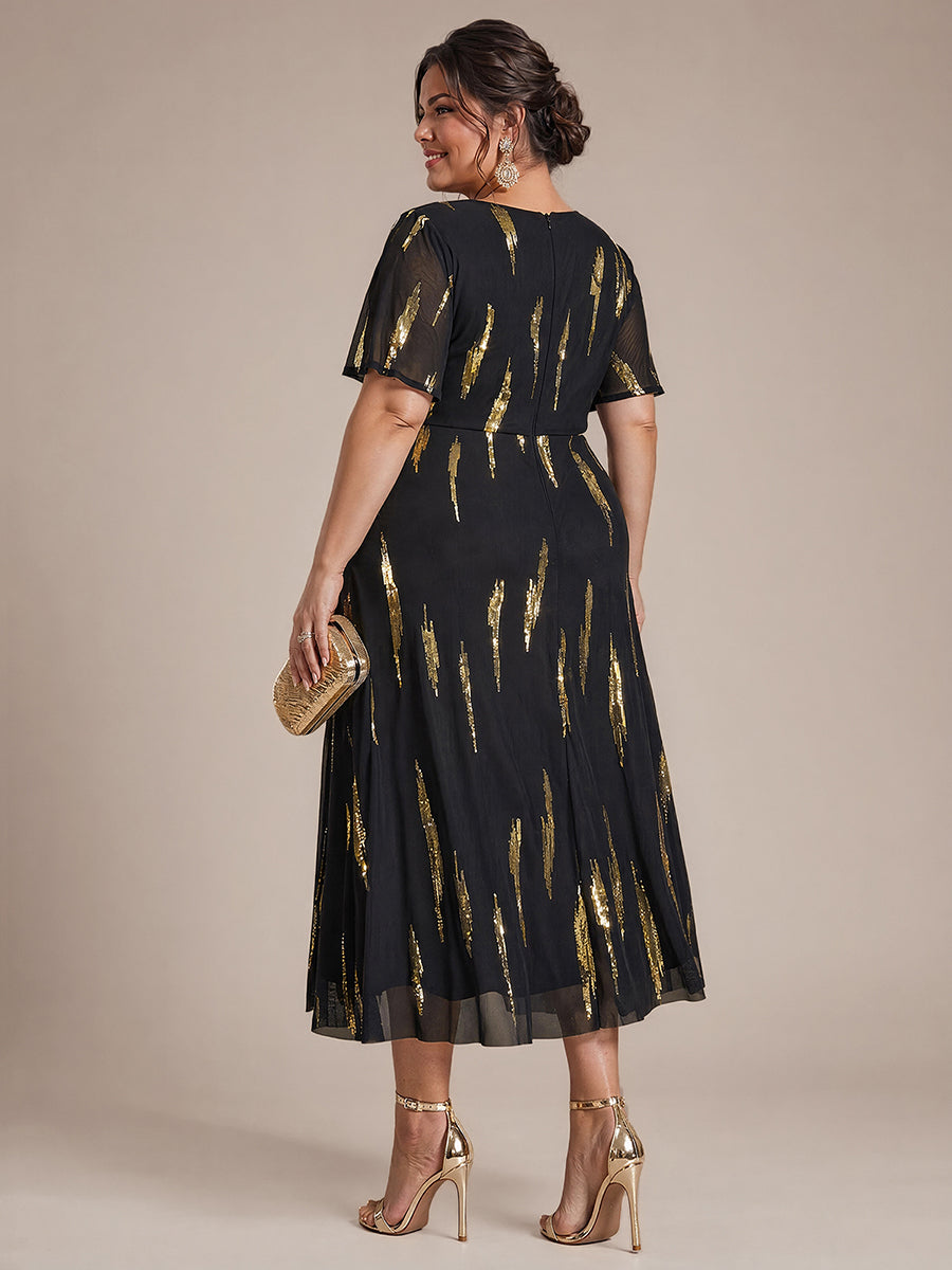 Tea Länge V Ausschnitt Etui Kleid Aus Tüll Mit Pailletten Und Schlitz Zum Binden Kleid #Farbe_Schwarz / Metallisches Gold