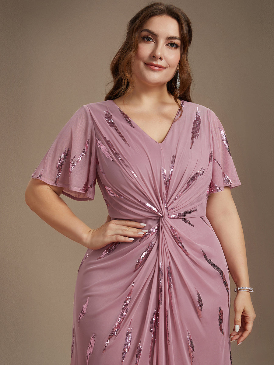 Tea Länge V Ausschnitt Etui Kleid Aus Tüll Mit Pailletten Und Schlitz Zum Binden Kleid #Farbe_Orchideenviolett