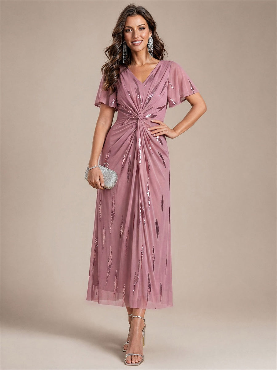 Tea Länge V Ausschnitt Etui Kleid Aus Tüll Mit Pailletten Und Schlitz Zum Binden Kleid #Farbe_Orchideenviolett