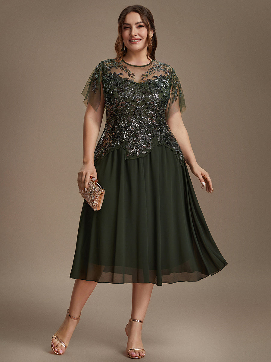 Midi Tea Länge A Linie Kleid Runder Ausschnitt Tüll Pailletten Volants Perlenbesetzt Kleid #Farbe_Olivgrün