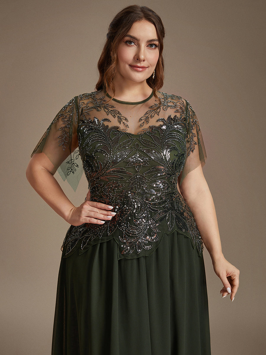 Midi Tea Länge A Linie Kleid Runder Ausschnitt Tüll Pailletten Volants Perlenbesetzt Kleid #Farbe_Olivgrün
