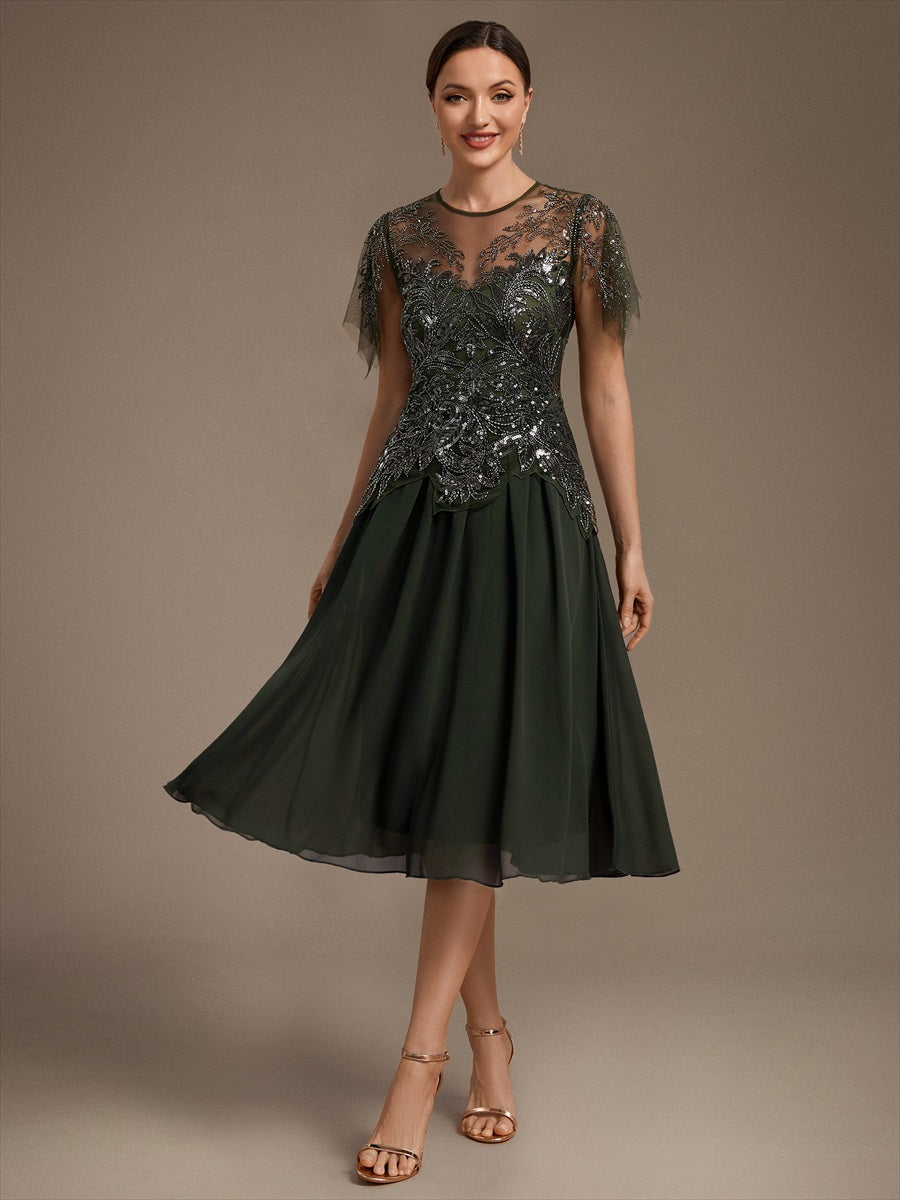 Midi Tea Länge A Linie Kleid Runder Ausschnitt Tüll Pailletten Volants Perlenbesetzt Kleid #Farbe_Olivgrün