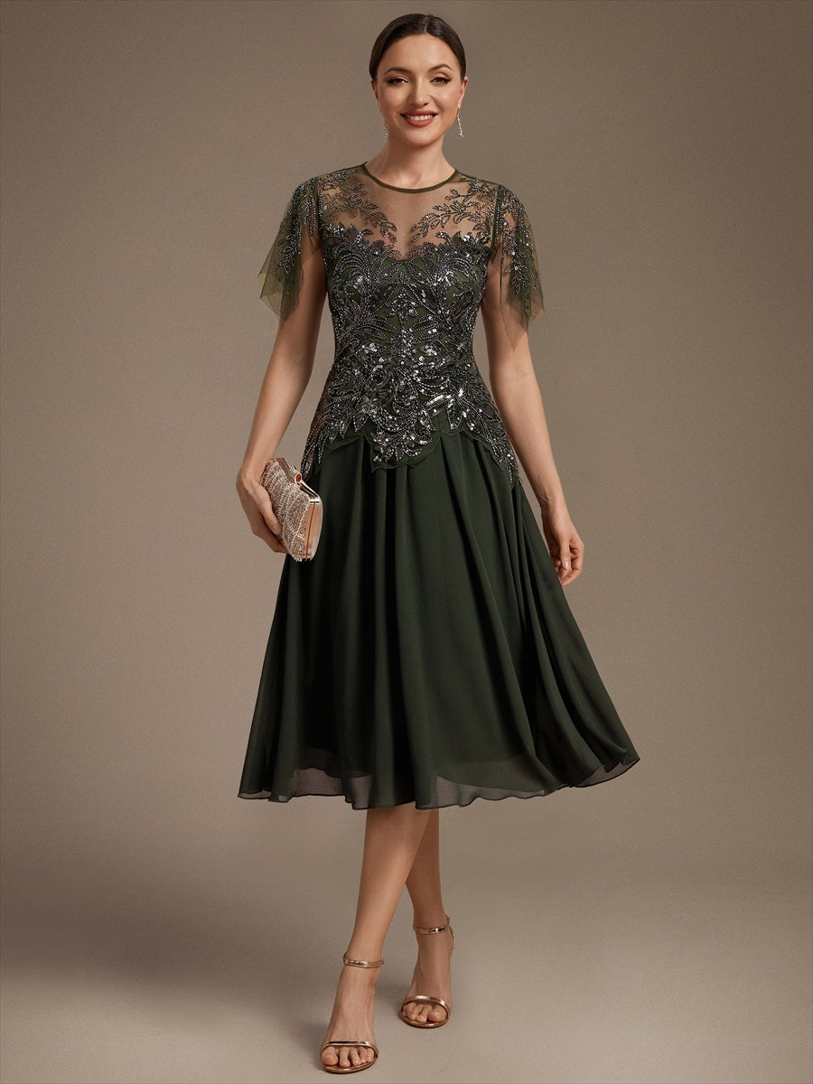 Midi Tea Länge A Linie Kleid Runder Ausschnitt Tüll Pailletten Volants Perlenbesetzt Kleid #Farbe_Olivgrün