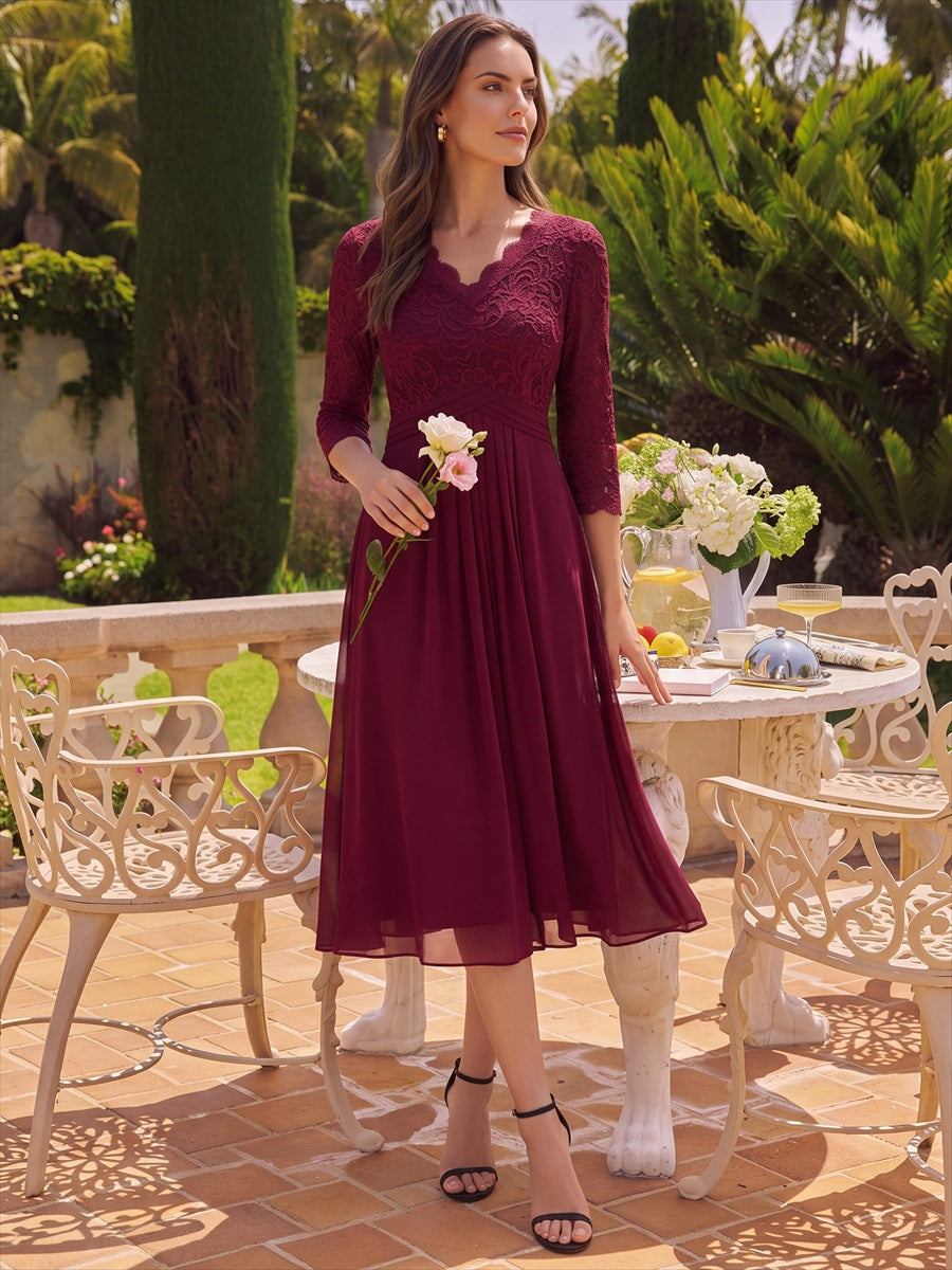 Midi Tee Länge V Ausschnitt Etui Kleid Aus Spitze Elegantes Design Für Besondere Anlässe #Farbe_Burgunderrot