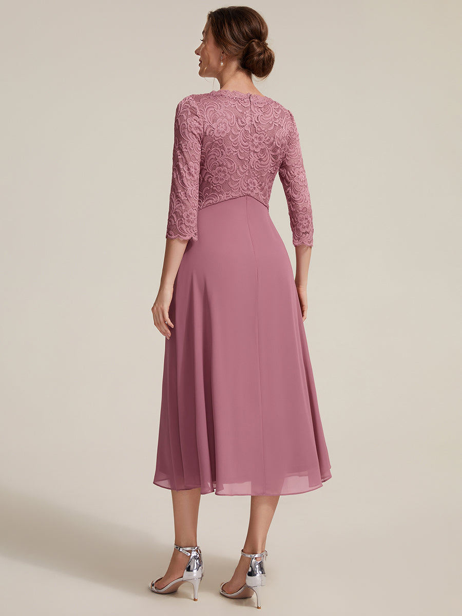 Midi Tee Länge V Ausschnitt Etui Kleid Aus Spitze Elegantes Design Für Besondere Anlässe #Farbe_Orchideenviolett