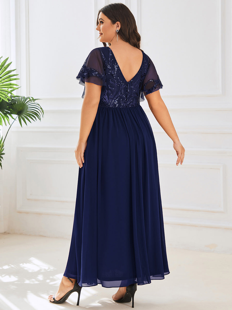 Größe Nach Maß V-Ausschnitt Kurzarm Pailletten Mieder Kleid für die Brautmutter #farbe_Marineblau