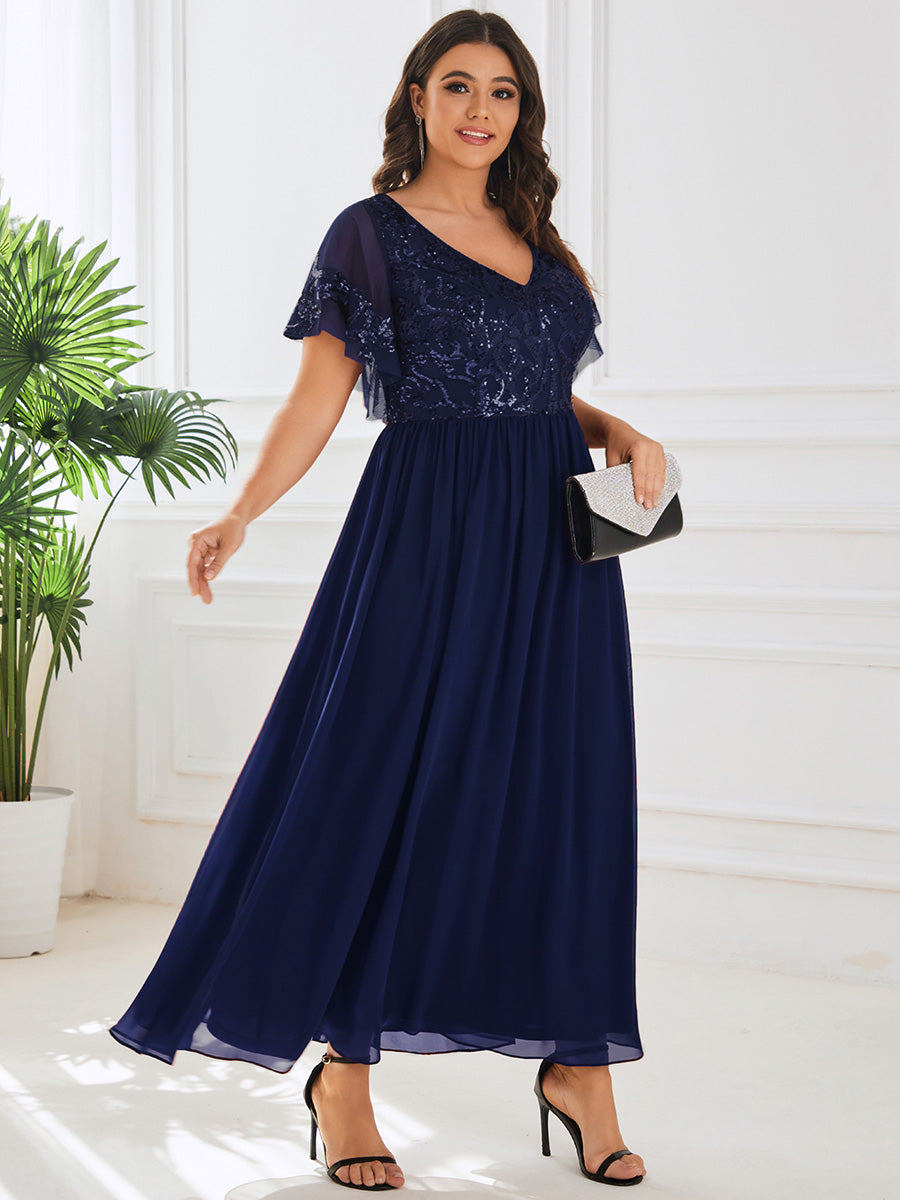 Größe Nach Maß V-Ausschnitt Kurzarm Pailletten Mieder Kleid für die Brautmutter #farbe_Marineblau