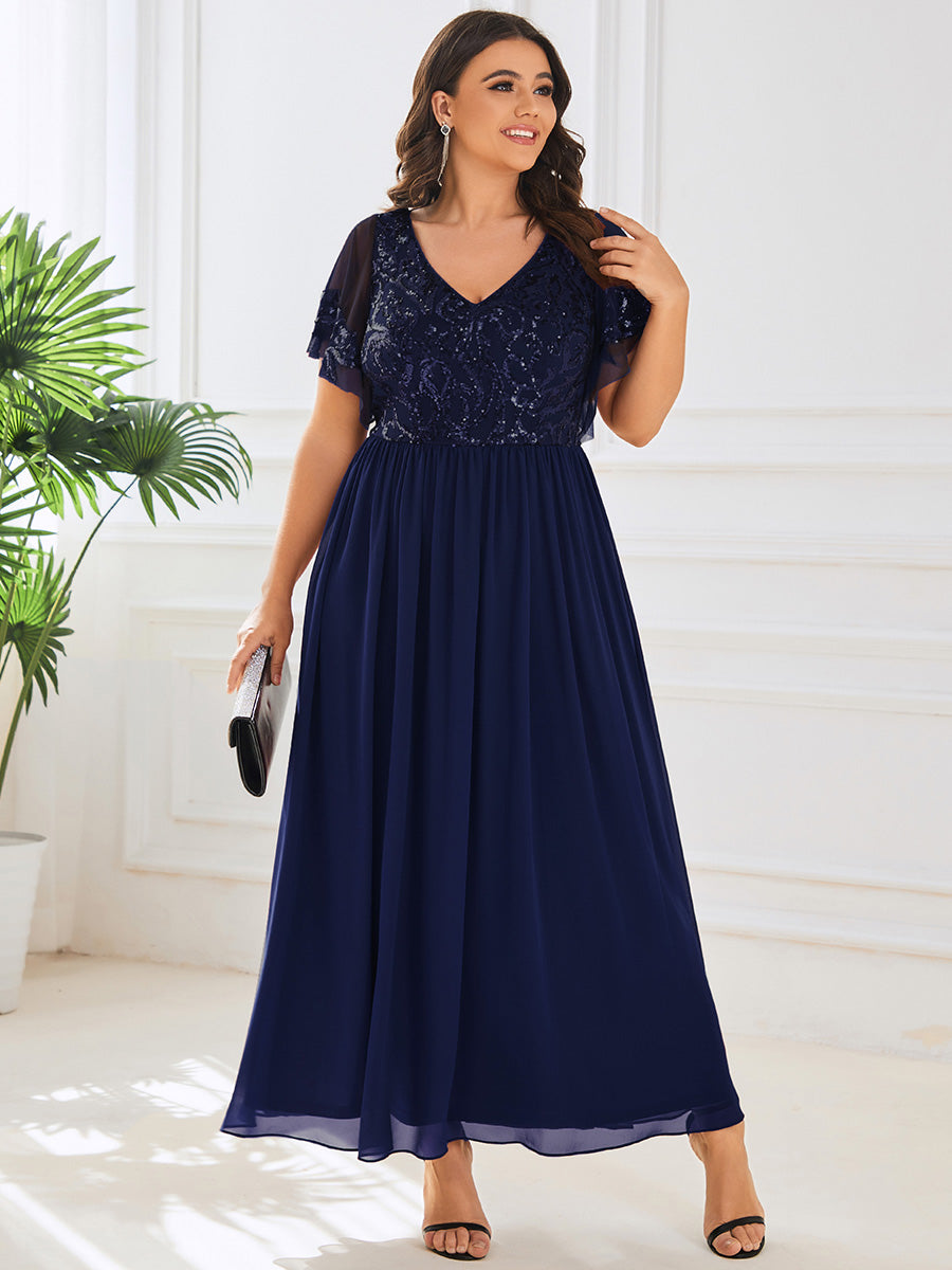 Größe Nach Maß V-Ausschnitt Kurzarm Pailletten Mieder Kleid für die Brautmutter #farbe_Marineblau