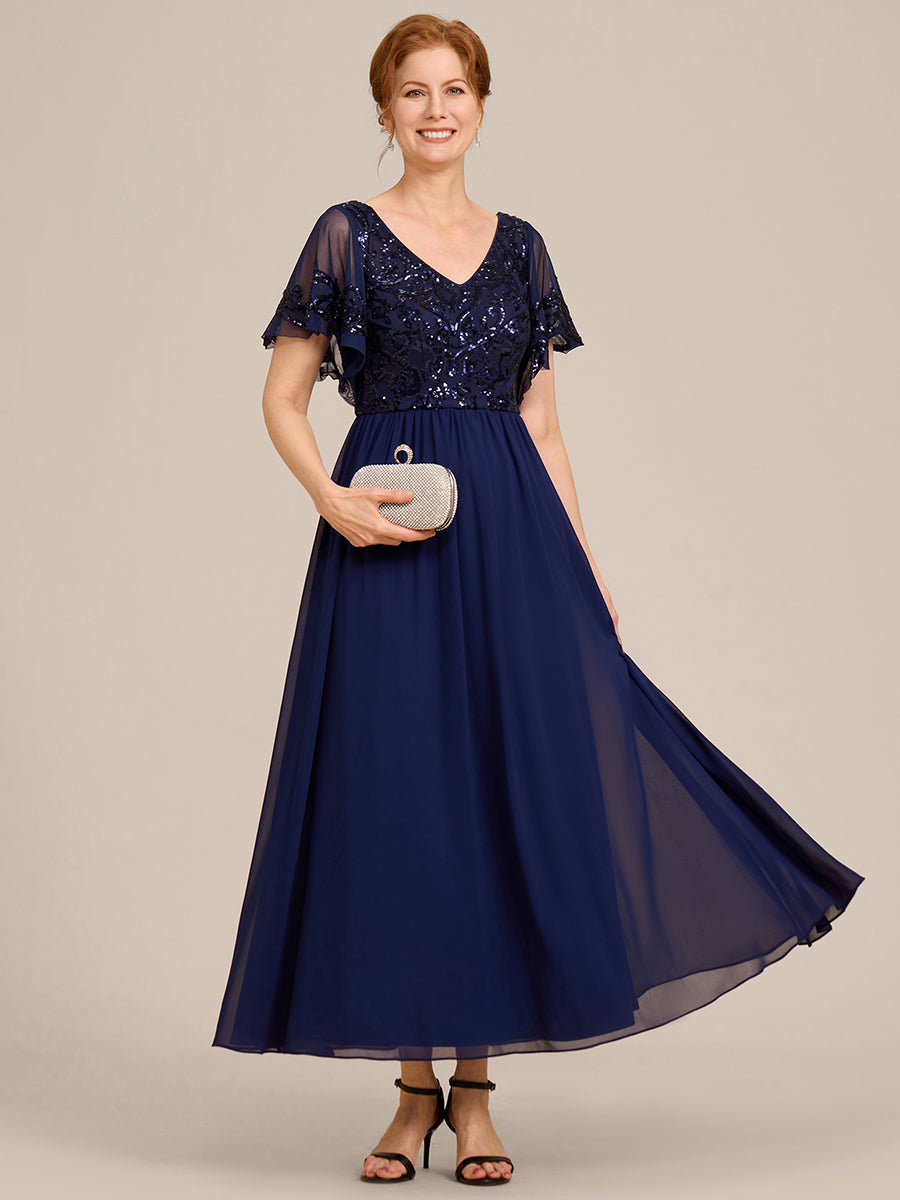 Größe Nach Maß V-Ausschnitt Kurzarm Pailletten Mieder Kleid für die Brautmutter #farbe_Marineblau