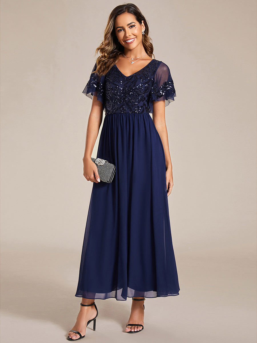 Größe Nach Maß V-Ausschnitt Kurzarm Pailletten Mieder Kleid für die Brautmutter #farbe_Marineblau