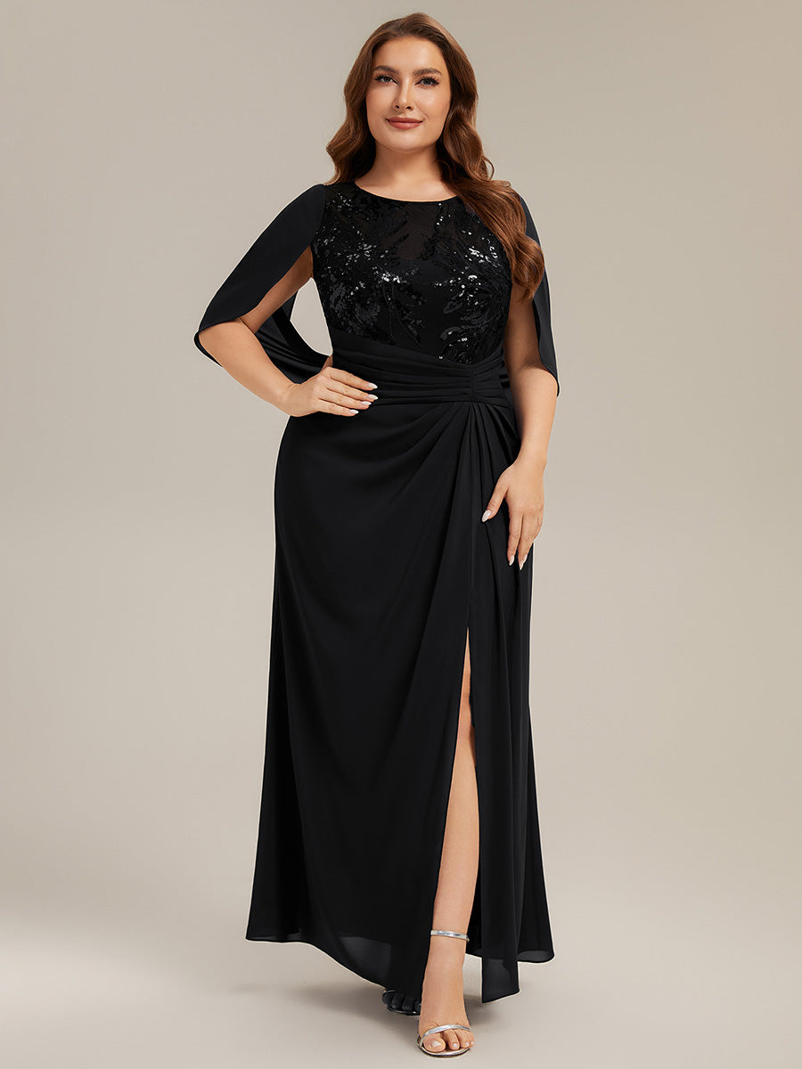 Maxi Chiffon A-Linie Kleid Mit Rundhalsausschnitt Raffung Und Durchsichtiger Cowl Neck Detail #Farbe_Schwarz