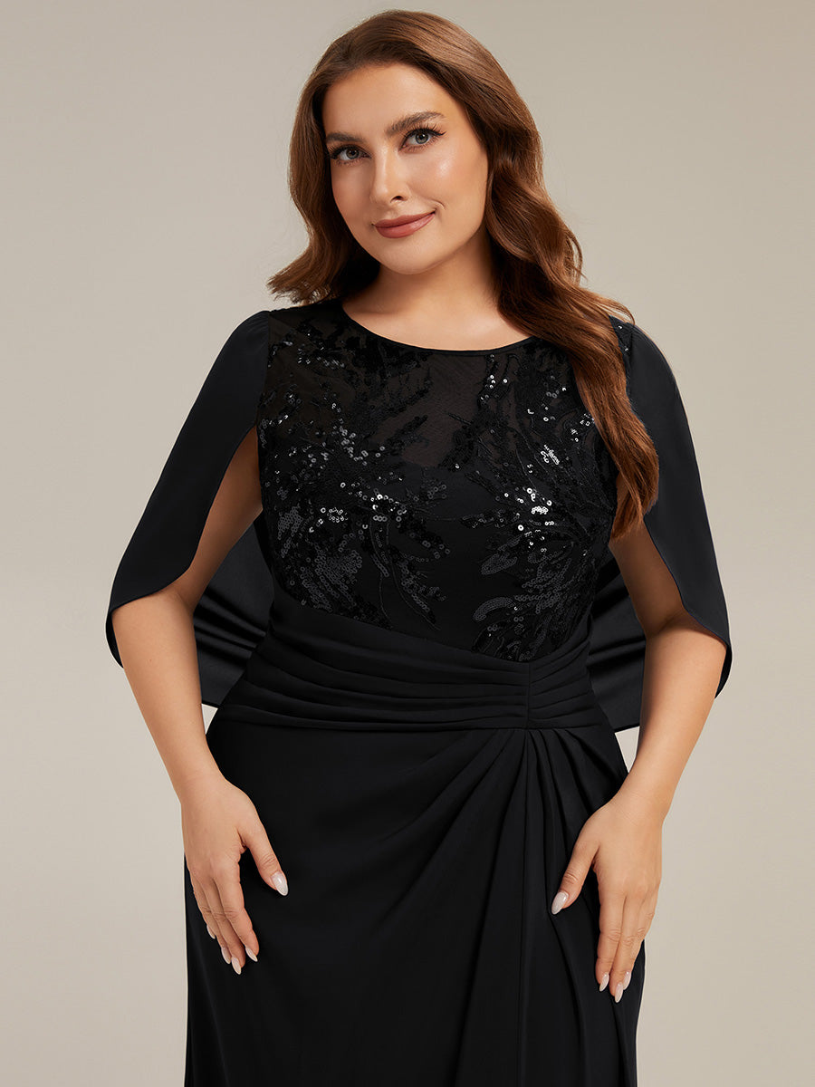 Maxi Chiffon A-Linie Kleid Mit Rundhalsausschnitt Raffung Und Durchsichtiger Cowl Neck Detail #Farbe_Schwarz