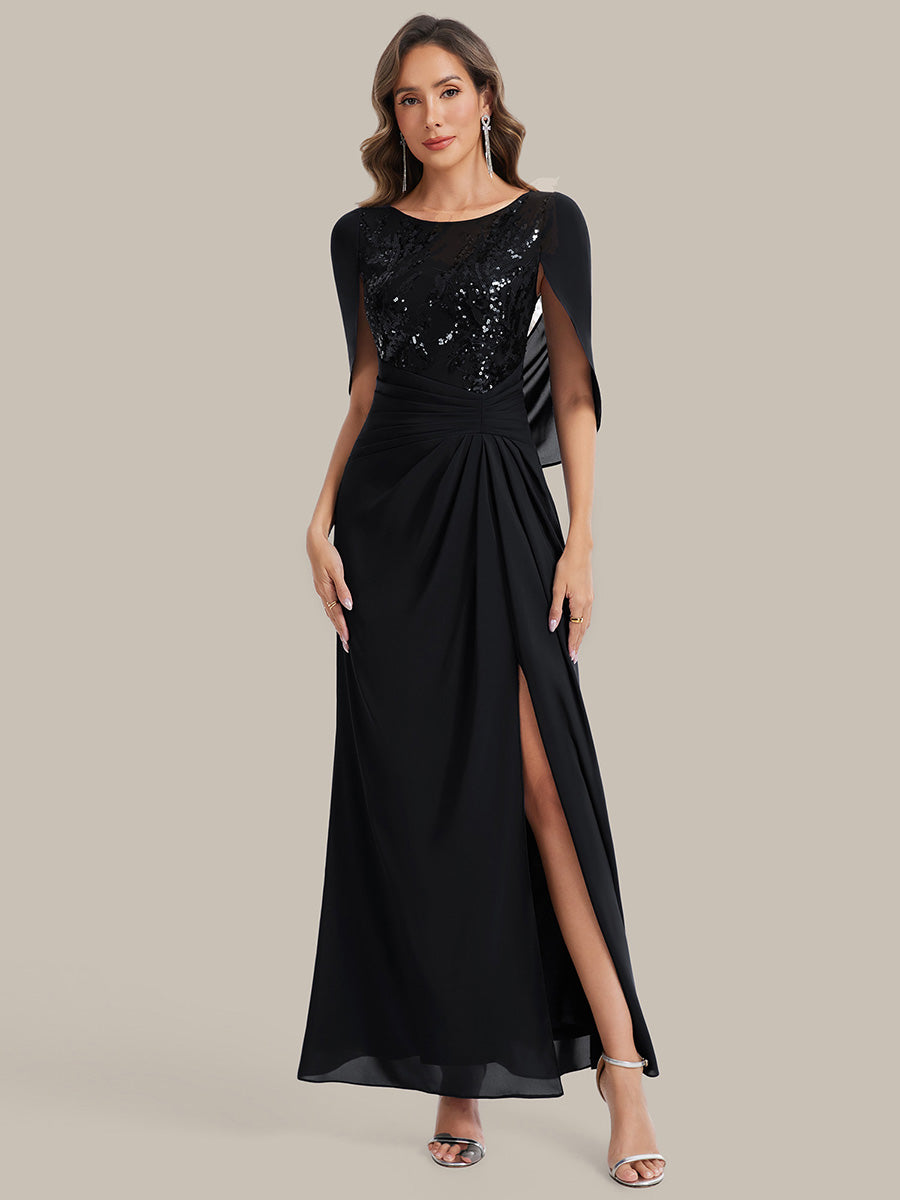 Maxi Chiffon A-Linie Kleid Mit Rundhalsausschnitt Raffung Und Durchsichtiger Cowl Neck Detail #Farbe_Schwarz