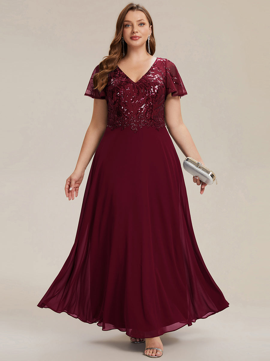 Maxi V-Ausschnitt A-Linie Pailletten Kleid Mit Tiefem V-Ausschnitt Und Applikationen Durchsichtiger Stil Kleid #Farbe_Burgunderrot