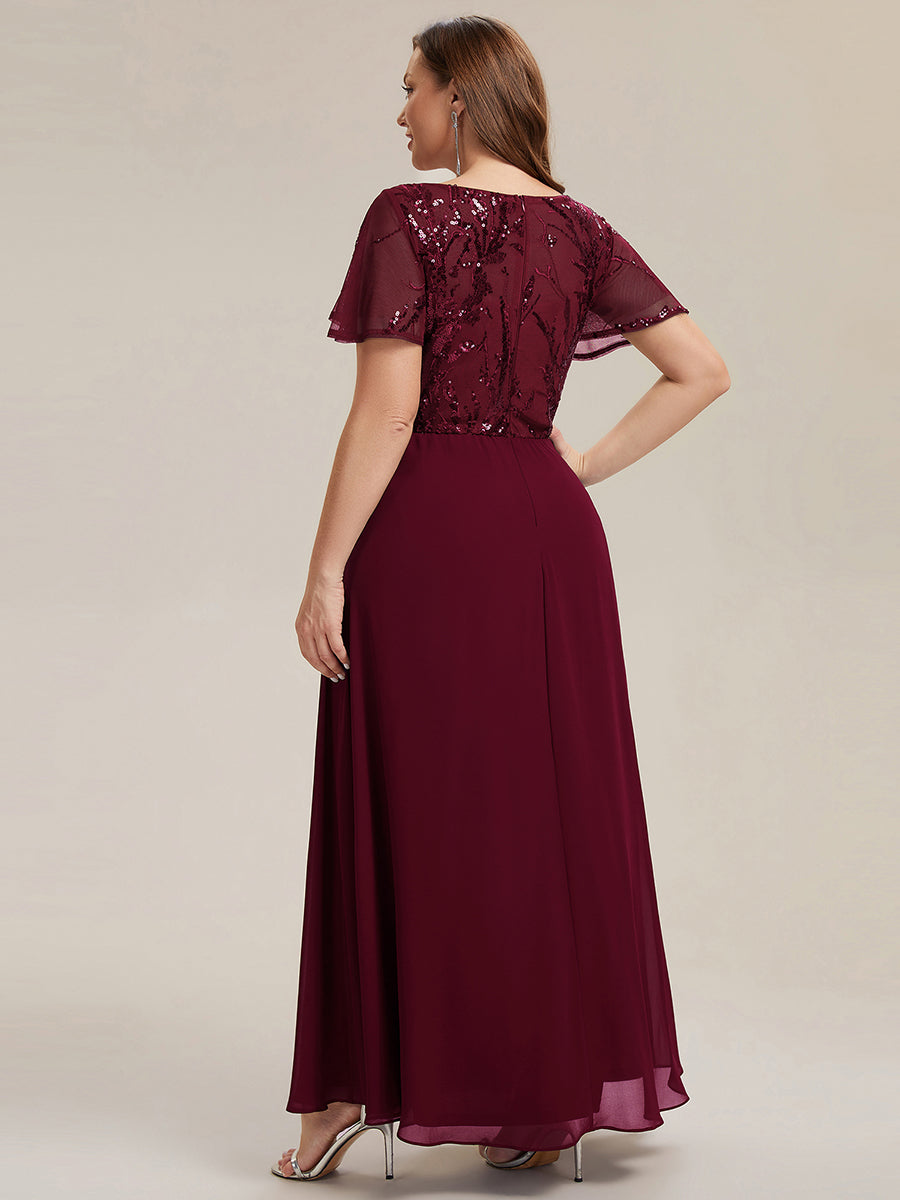 Maxi V-Ausschnitt A-Linie Pailletten Kleid Mit Tiefem V-Ausschnitt Und Applikationen Durchsichtiger Stil Kleid #Farbe_Burgunderrot