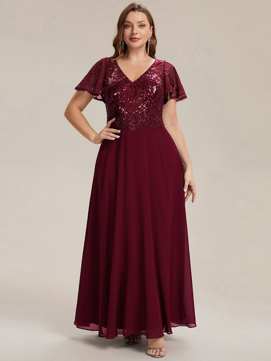 Maxi V-Ausschnitt A-Linie Pailletten Kleid Mit Tiefem V-Ausschnitt Und Applikationen Durchsichtiger Stil Kleid #Farbe_Burgunderrot