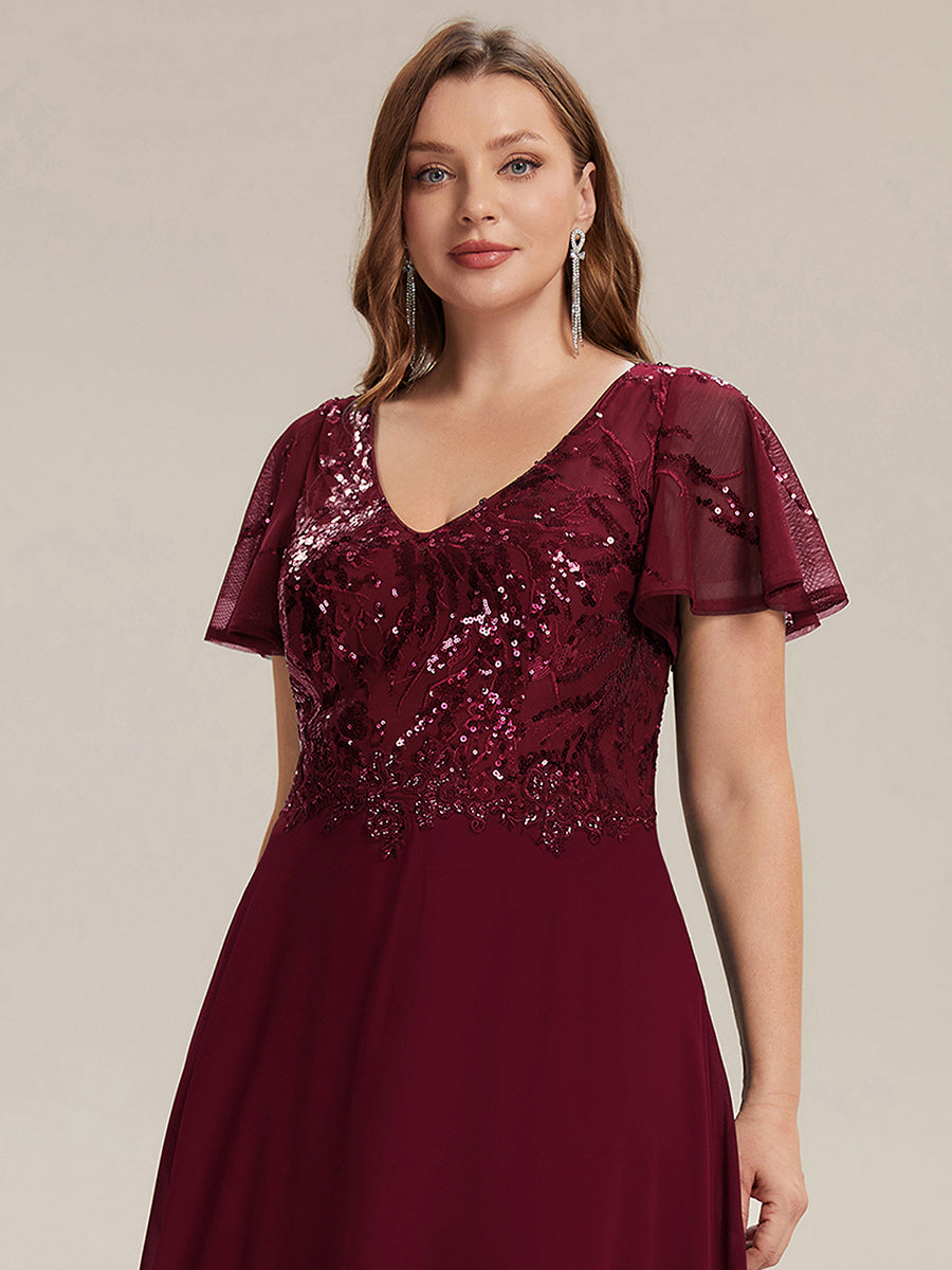 Maxi V-Ausschnitt A-Linie Pailletten Kleid Mit Tiefem V-Ausschnitt Und Applikationen Durchsichtiger Stil Kleid #Farbe_Burgunderrot