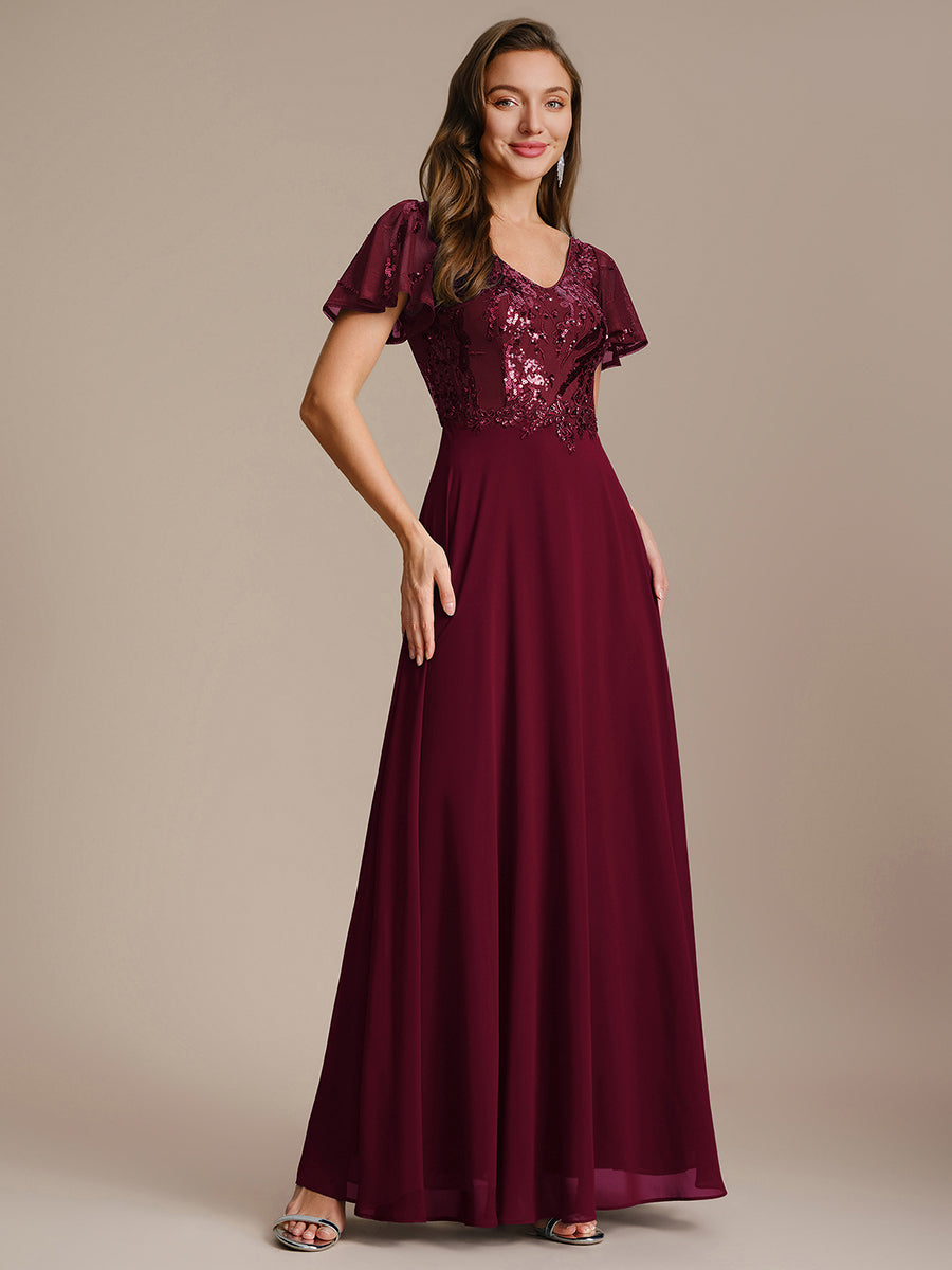 Maxi V-Ausschnitt A-Linie Pailletten Kleid Mit Tiefem V-Ausschnitt Und Applikationen Durchsichtiger Stil Kleid #Farbe_Burgunderrot