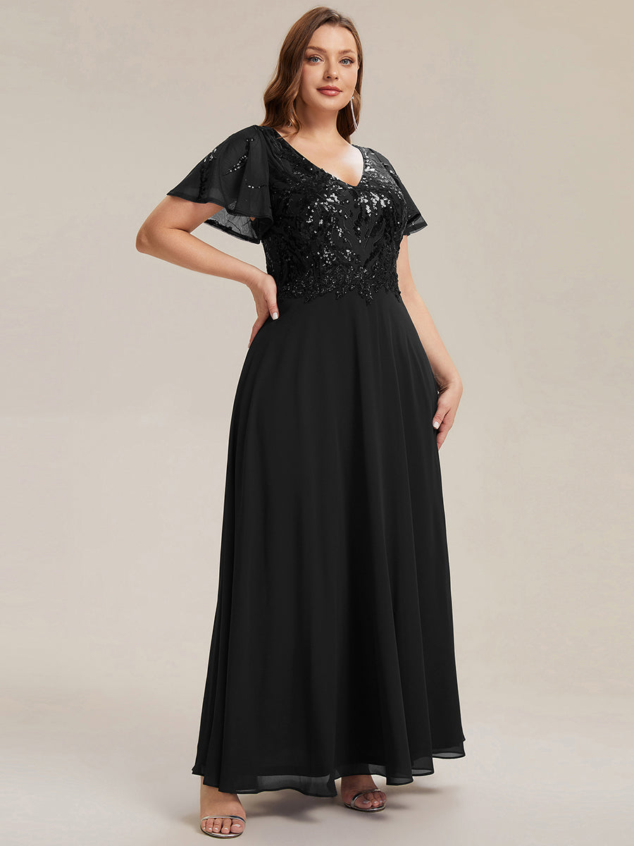 Maxi V-Ausschnitt A-Linie Pailletten Kleid Mit Tiefem V-Ausschnitt Und Applikationen Durchsichtiger Stil Kleid #Farbe_Schwarz