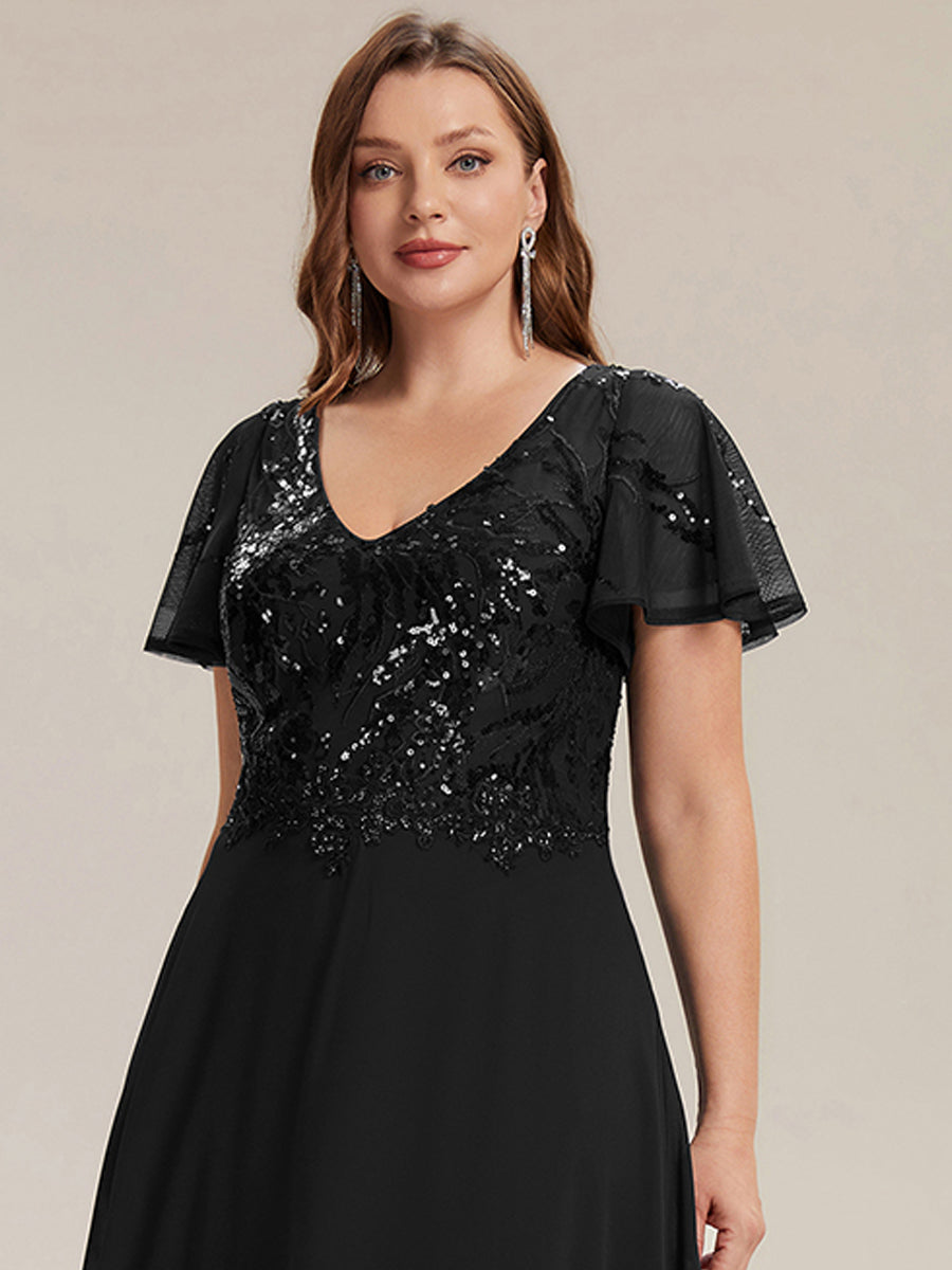 Maxi V-Ausschnitt A-Linie Pailletten Kleid Mit Tiefem V-Ausschnitt Und Applikationen Durchsichtiger Stil Kleid #Farbe_Schwarz