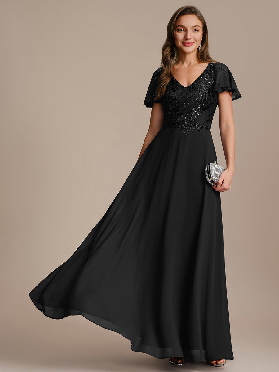 Maxi V-Ausschnitt A-Linie Pailletten Kleid Mit Tiefem V-Ausschnitt Und Applikationen Durchsichtiger Stil Kleid #Farbe_Schwarz