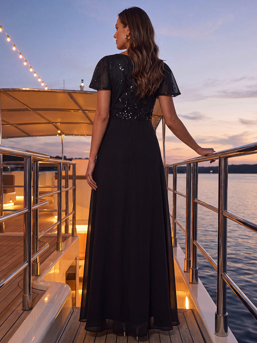 Maxi V-Ausschnitt A-Linie Pailletten Kleid Mit Tiefem V-Ausschnitt Und Applikationen Durchsichtiger Stil Kleid #Farbe_Schwarz