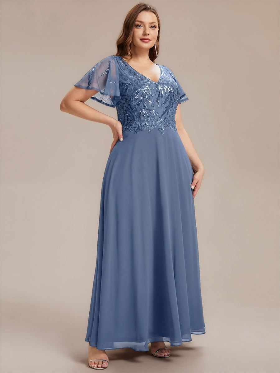 Maxi V-Ausschnitt A-Linie Pailletten Kleid Mit Tiefem V-Ausschnitt Und Applikationen Durchsichtiger Stil Kleid #Farbe_Taubenblau