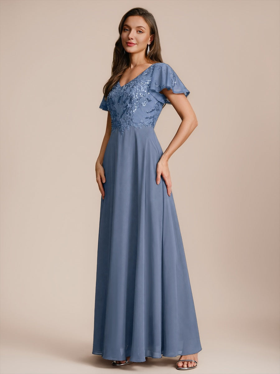 Maxi V-Ausschnitt A-Linie Pailletten Kleid Mit Tiefem V-Ausschnitt Und Applikationen Durchsichtiger Stil Kleid #Farbe_Taubenblau