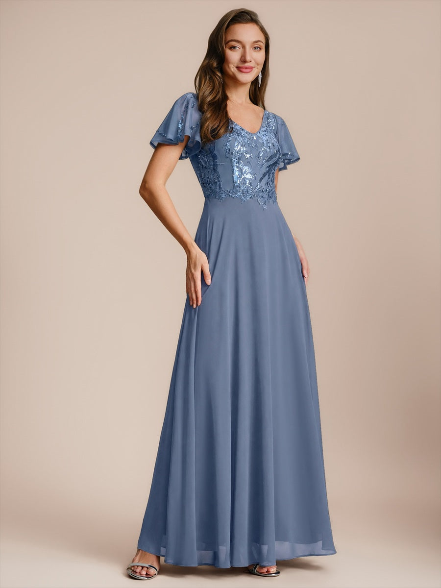 Maxi V-Ausschnitt A-Linie Pailletten Kleid Mit Tiefem V-Ausschnitt Und Applikationen Durchsichtiger Stil Kleid #Farbe_Taubenblau