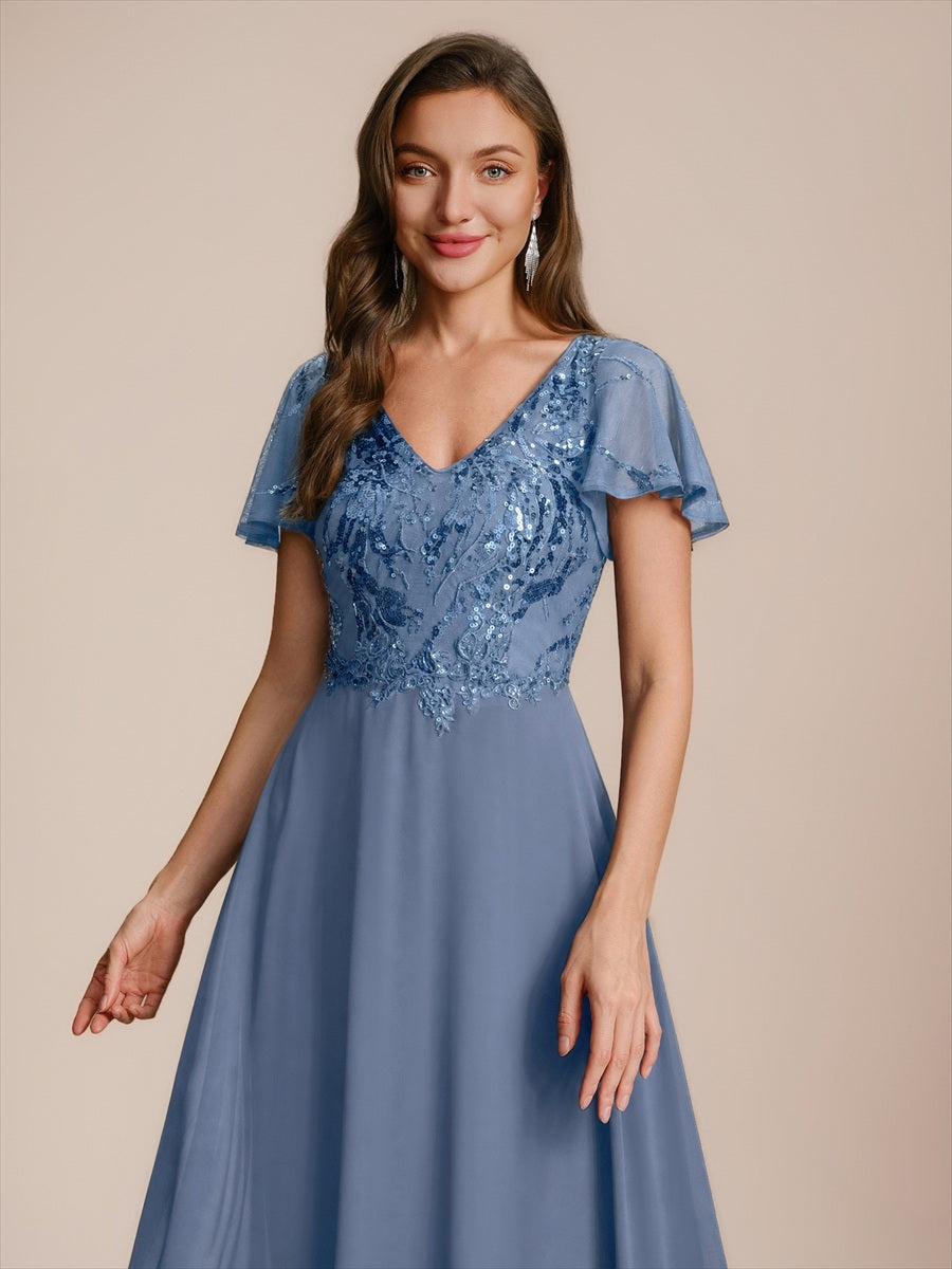 Maxi V-Ausschnitt A-Linie Pailletten Kleid Mit Tiefem V-Ausschnitt Und Applikationen Durchsichtiger Stil Kleid #Farbe_Taubenblau