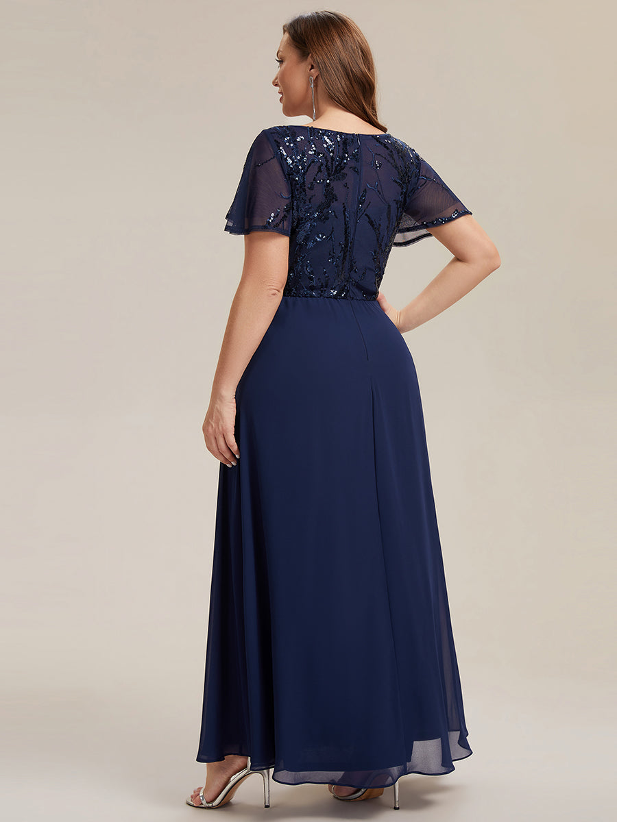 Maxi V-Ausschnitt A-Linie Pailletten Kleid Mit Tiefem V-Ausschnitt Und Applikationen Durchsichtiger Stil Kleid #Farbe_Marineblau
