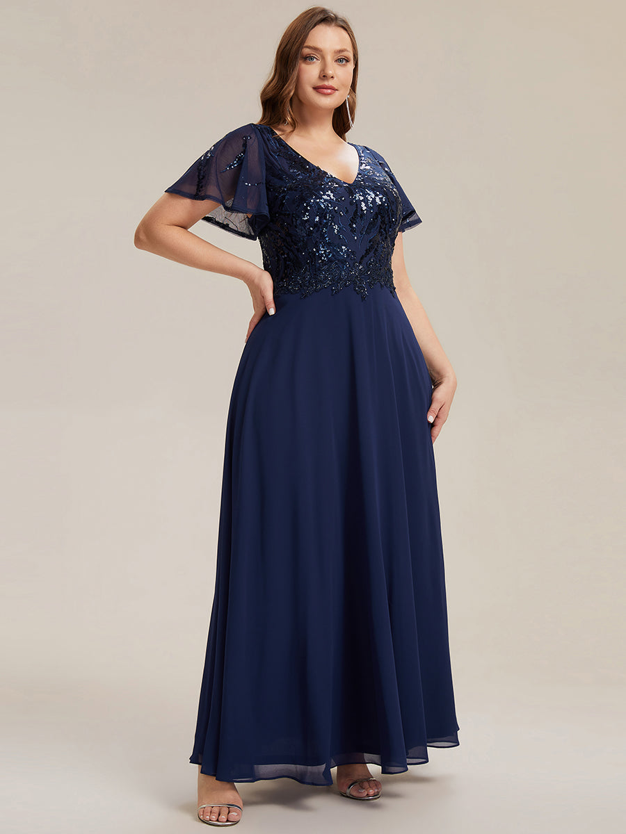 Maxi V-Ausschnitt A-Linie Pailletten Kleid Mit Tiefem V-Ausschnitt Und Applikationen Durchsichtiger Stil Kleid #Farbe_Marineblau