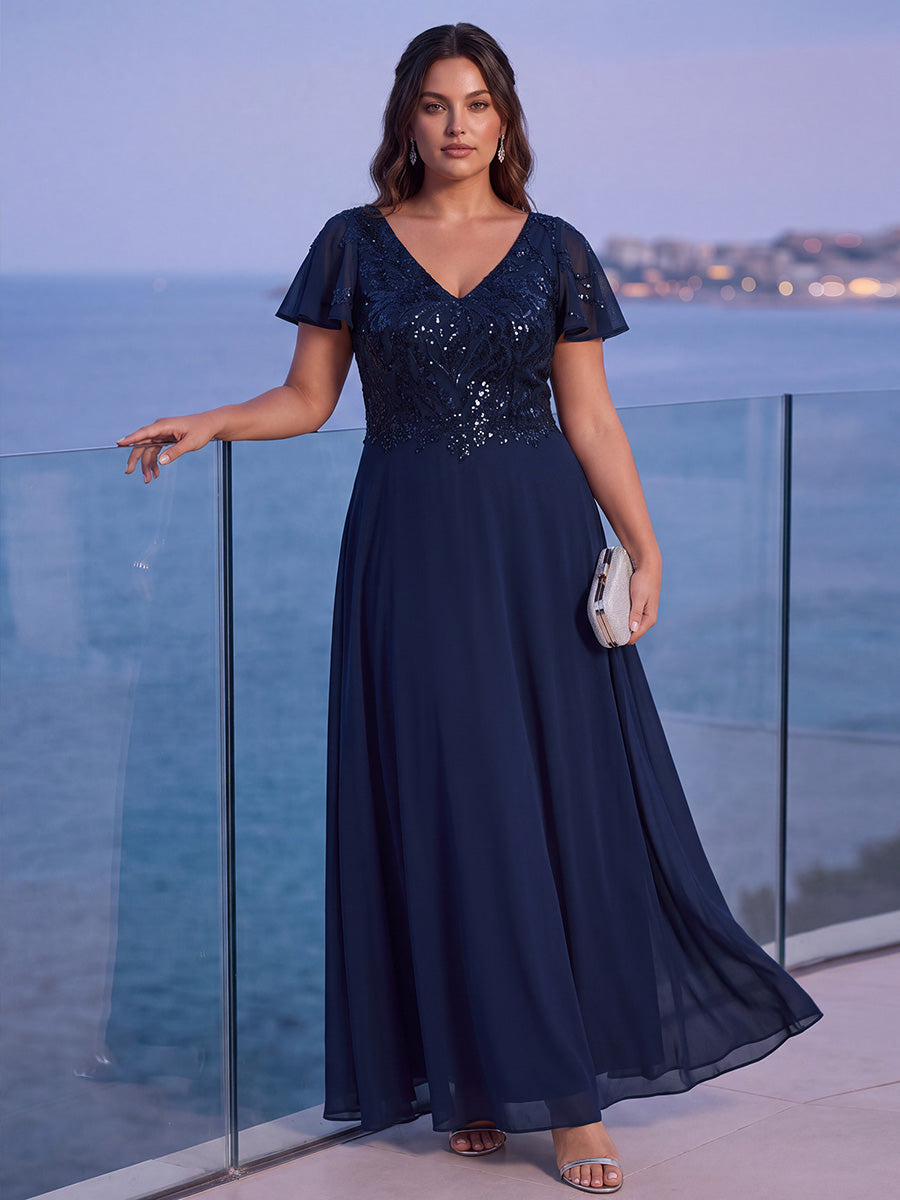 Maxi V-Ausschnitt A-Linie Pailletten Kleid Mit Tiefem V-Ausschnitt Und Applikationen Durchsichtiger Stil Kleid #Farbe_Marineblau