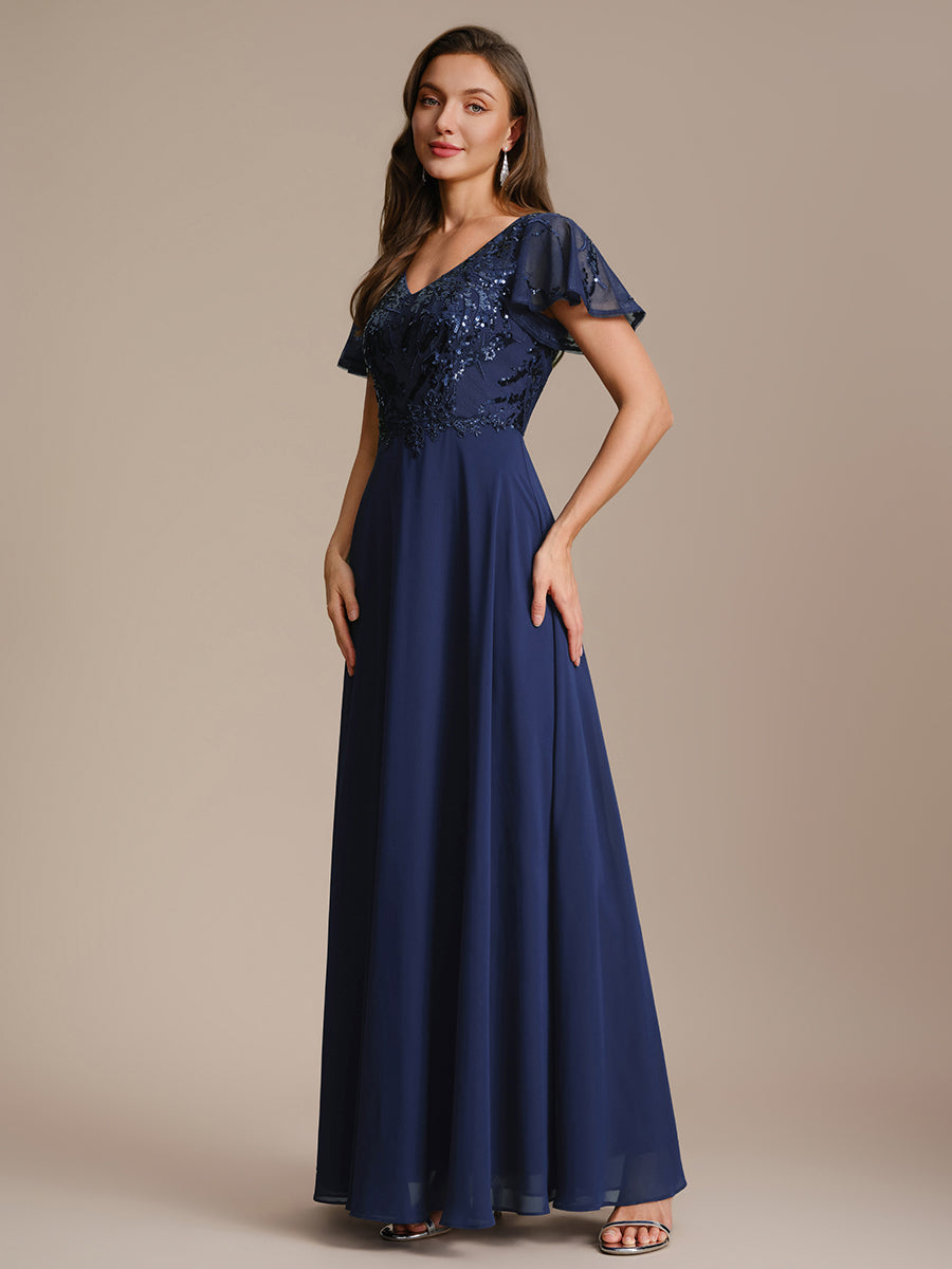 Maxi V-Ausschnitt A-Linie Pailletten Kleid Mit Tiefem V-Ausschnitt Und Applikationen Durchsichtiger Stil Kleid #Farbe_Marineblau