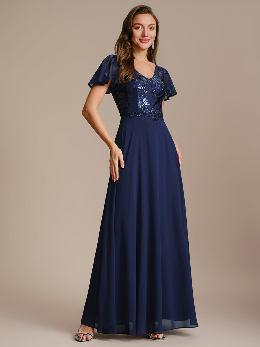 Maxi V-Ausschnitt A-Linie Pailletten Kleid Mit Tiefem V-Ausschnitt Und Applikationen Durchsichtiger Stil Kleid #Farbe_Marineblau