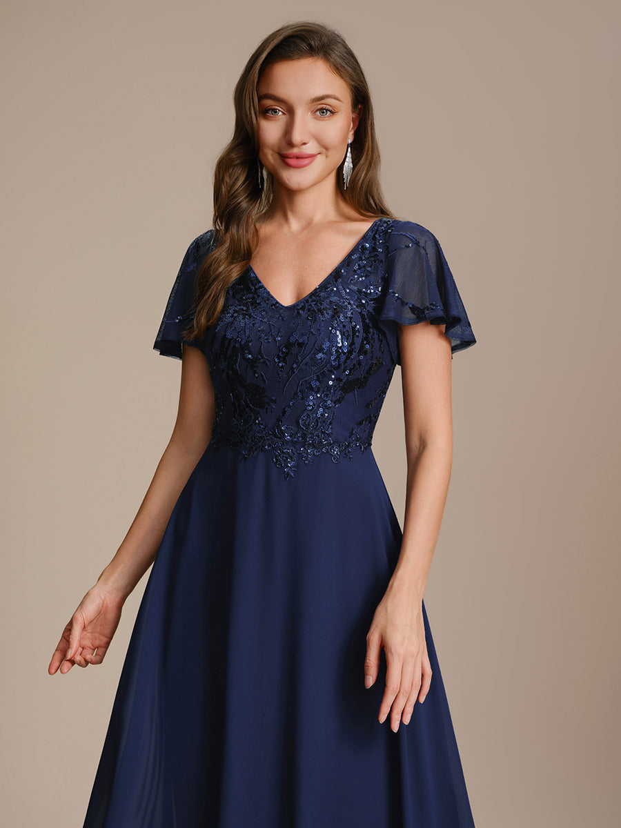 Maxi V-Ausschnitt A-Linie Pailletten Kleid Mit Tiefem V-Ausschnitt Und Applikationen Durchsichtiger Stil Kleid #Farbe_Marineblau