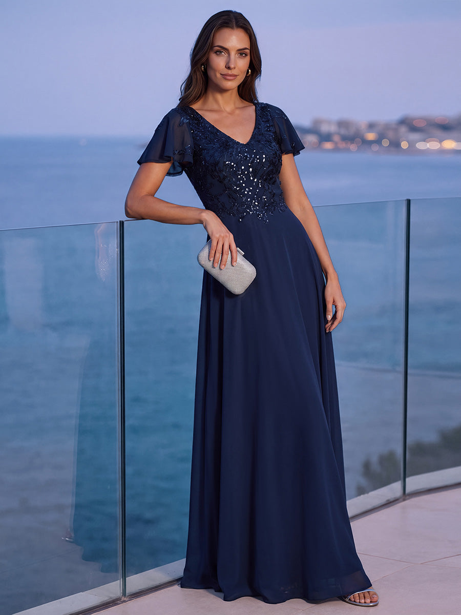 Maxi V-Ausschnitt A-Linie Pailletten Kleid Mit Tiefem V-Ausschnitt Und Applikationen Durchsichtiger Stil Kleid #Farbe_Marineblau