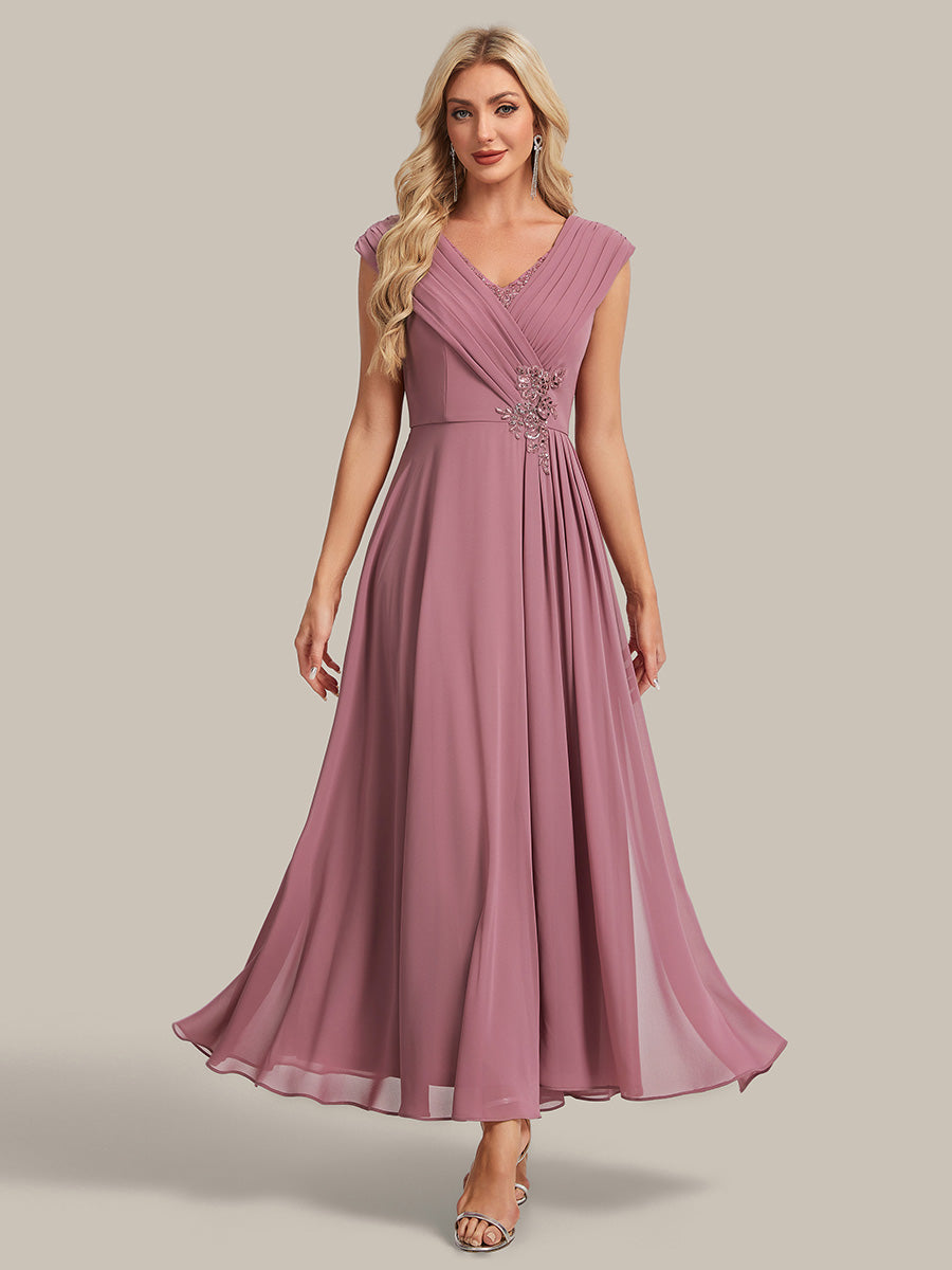 Maxilänge V-Ausschnitt A-Linie Chiffon Kleid Mit Tiefem V-Ausschnitt Applikationen Und Fließenden Bändern #Farbe_Orchideenviolett
