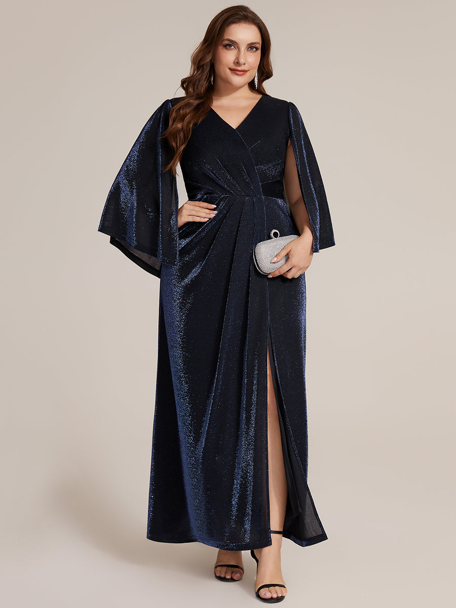 Maxilänge Etui Kleid Überkreuzter Ausschnitt Lurex Netzstoff 3D Drapierung Eleganter Look #Farbe_Marineblau