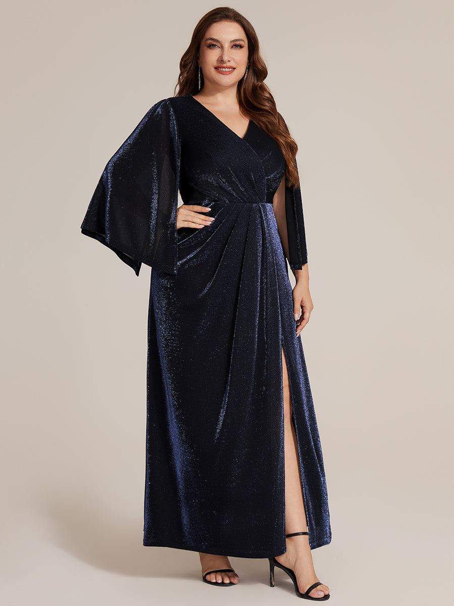 Maxilänge Etui Kleid Überkreuzter Ausschnitt Lurex Netzstoff 3D Drapierung Eleganter Look #Farbe_Marineblau