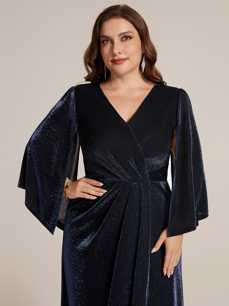 Maxilänge Etui Kleid Überkreuzter Ausschnitt Lurex Netzstoff 3D Drapierung Eleganter Look #Farbe_Marineblau