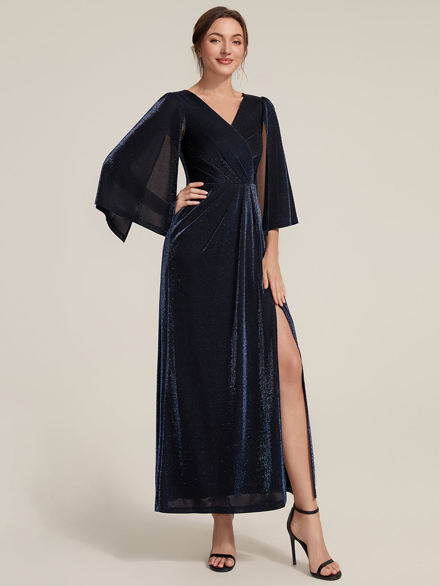 Maxilänge Etui Kleid Überkreuzter Ausschnitt Lurex Netzstoff 3D Drapierung Eleganter Look #Farbe_Marineblau